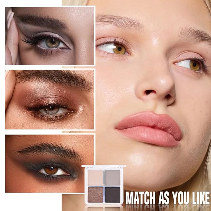 4 Colors Light Beige Gray Brown Black Eye Shadow Palette Makeup, Neutral Matte Shimmer Eyeshadow Palette for Women Highly Pigmented Waterproof, paleta de sombras de ojos, Vegan & Cruelty-free07