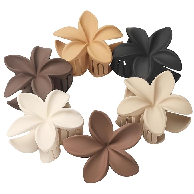 Hawaiian Plumeria Flower Claw Hair Clips - 6 Pcs Large for Thick Hair and Thin for Beach, Hair Accessories for Women and Girls - Khaki