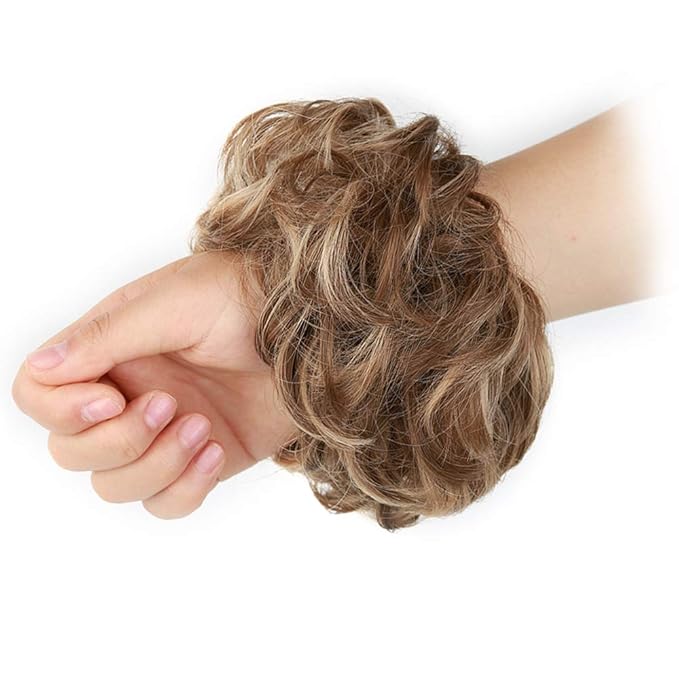 MORICA 1PCS Messy Hair Bun Hair Scrunchies Extension Curly Wavy Messy Bun Hair Synthetic Chignon Hairpieces for Women(12H24#(Light Golden Brown & Pale Golden Blonde))