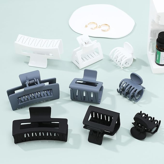 3 Style Claw Hair Clips Set for Women - 9 pcs Medium Rectangle Clips for Thick Hair, Square Clips for Thin Hair - Grey