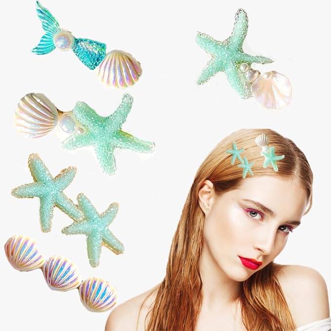 5 Pcs Starfish Seashell Hair Clips Mermaid Costume Pearl Beach Ocean Hair Accessories Women and Girls (Green)