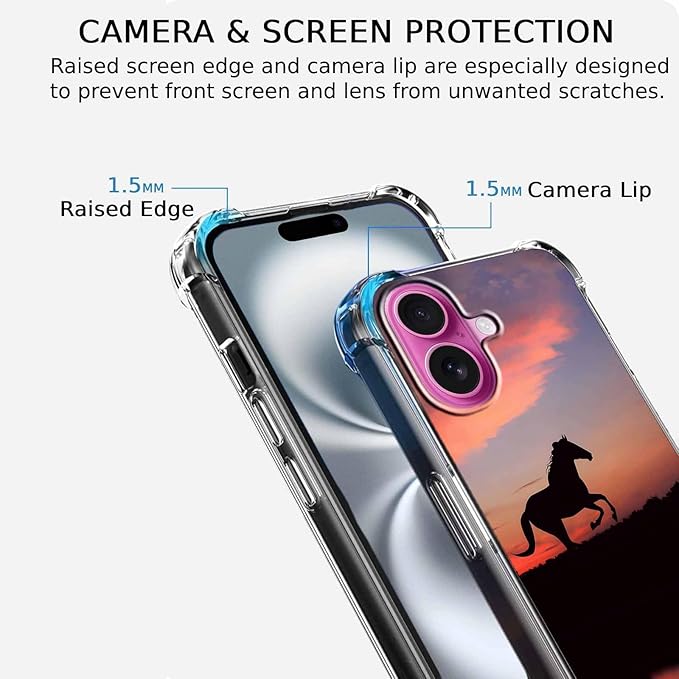 Case for iPhone 16 with Horse Design,Aesthetic Cute Wild World Pattern for Girls Boys,Soft TPU Bumper Phone Cover(16,Horse)