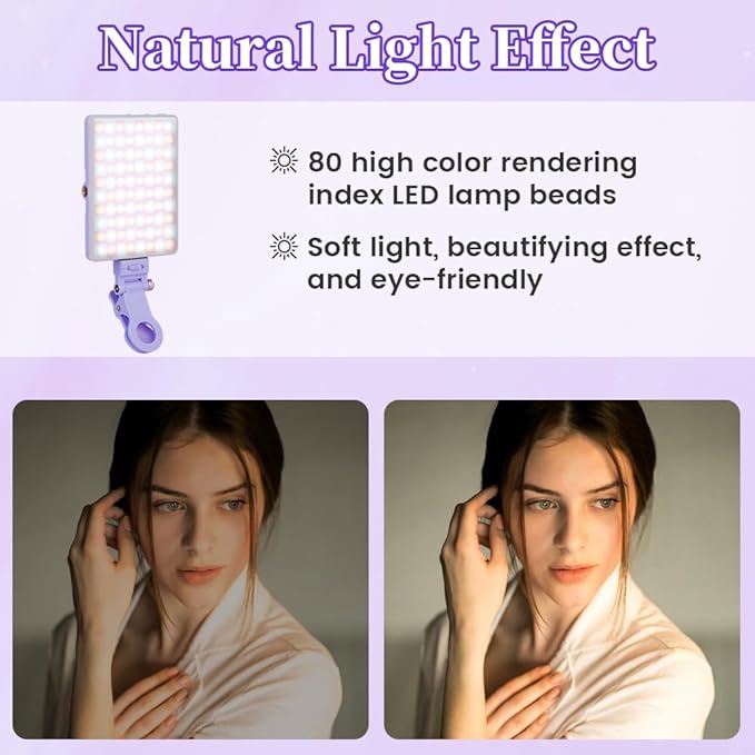 Inspack 60 LED Selfie Light for iPhone, with Back Clip & Front, Portable Phone Clip for Tiktok Video Recording, Zoom Calls Lighting Computer, High Power Rechargeable with 3 Light Modes, Purple