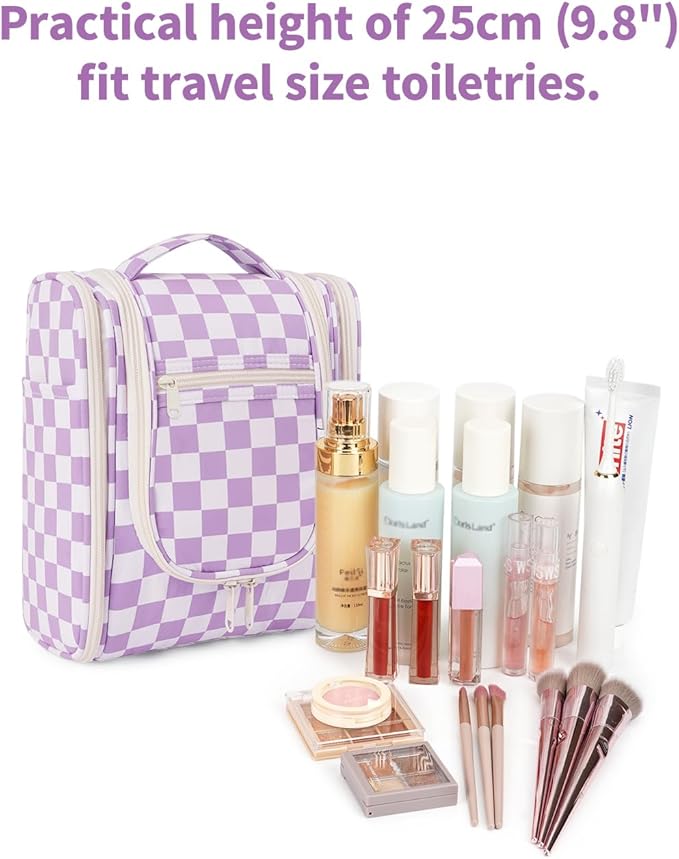 Narwey Small Checked Hanging Travel Toiletry Bag for Women, Travel Bag for Toiletries, Makeup Bag Organizer Cosmetic Bags Make Up Bags for Women (Purple Checkerboard)