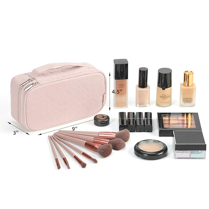 NISHEL Double Layer Travel Makeup Bag Women, Cosmetic Case, Portable Organizer To Hold Travel-Size Accessory Bottles, Brushes, And Skincare Products, Pink