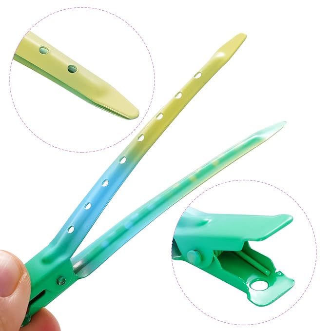 24 Packs Duck Bill Clips, Bantoye 3.35 Inches Rustproof Metal Alligator Curl Clips with Holes for Hair Styling, Hair Coloring, Gradient Green