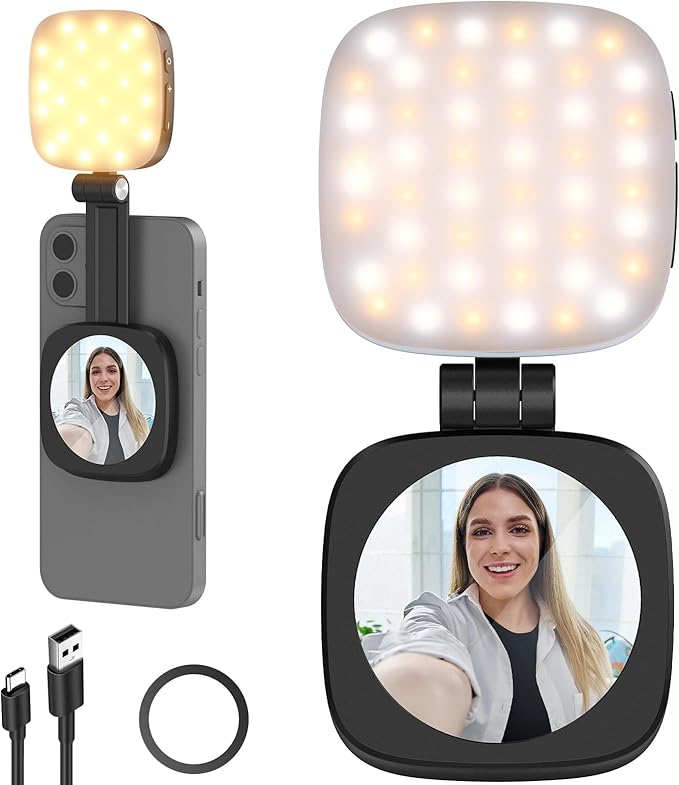 NEEWER BASICS Magnetic Selfie Light Compatible with MagSafe iPhone,CRI95 700lx/0.3m Folding LED Phone Fill Ring Lighting with Mirror for Zoom Makeup Photography Recording Video Conference, Black NL48B
