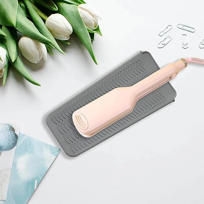 2 Heat Resistant Silicone Mat with Hanging Hole, Straightener Heat Resistant Travel Mat & Pouch for Curling Iron, Flat Iron and Other Hot Hair Styling Tools, 11 x 5 in, Pink+Gray