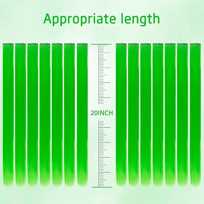 14 PCS Colored Clip In Hair Extensions 20 Inch Colorful Party Highlights Clip In Straight Rainbow Hairpieces, Halloween Cosplay Christmas New Year Gift For Women Kids Girls, Light Green