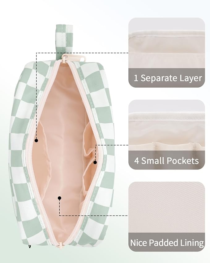 Narwey Small Checkered Makeup Bag for Purse, Gift for Teen Girls, Travel Makeup Pouch Mini Cosmetic Bag Cute Make up Bags Zipper Pouch for Women and Girls (Mint Green Checkerboard, Small)