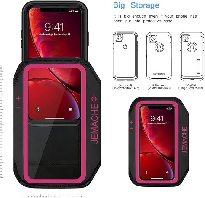 iPhone 16 15 14 Armband, JEMACHE Water Resistant Gym Running Workouts Arm Band for iPhone 16e 16 15 14 13 12 11 Pro with Key Holder (Rose)