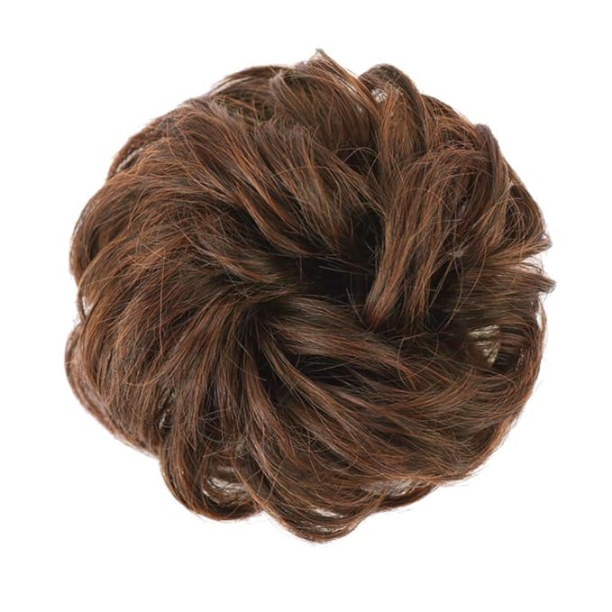 MORICA 1PCS Messy Hair Bun Hair Scrunchies Extension Curly Wavy Messy Bun Hair Synthetic Chignon Hairpieces for Women(2/30#(Darkest Brown & Light Auburn Mixed))