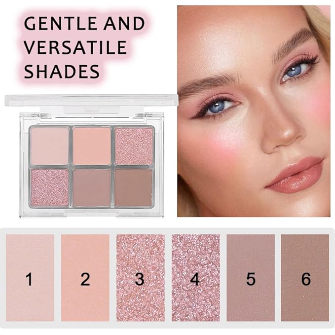 6 Colors Glitter Matte Eyeshadow Palette,Natural Nude Brown Rose Gold Coffee Sparkly Eye Shadow Makeup,Warm Pastel Eyeshadows Palette Long Lasting Waterproof Naturing-Looking Women Girls Eye Shadow 01