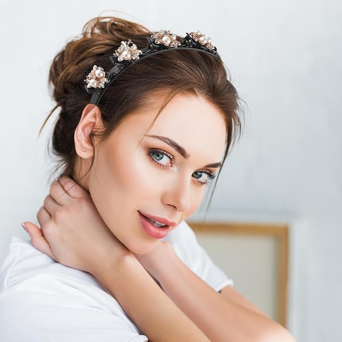 9PCS Rhinestone Braided Hair Clips, Sparkling Crystal Pearls Hair Barrettes, Pearl Headband with Clips, for Women and Girls Hair Styling Accessories