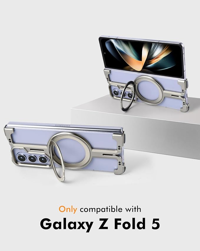 OATSBASF for Samsung Galaxy Z Fold 5 Bumper Case, with Kickstand 360° Rotatable Magnetic Stand Case, Minimalist Phone Case for Galaxy Z Fold 5, Frameless Metal Case, Natural Titanium