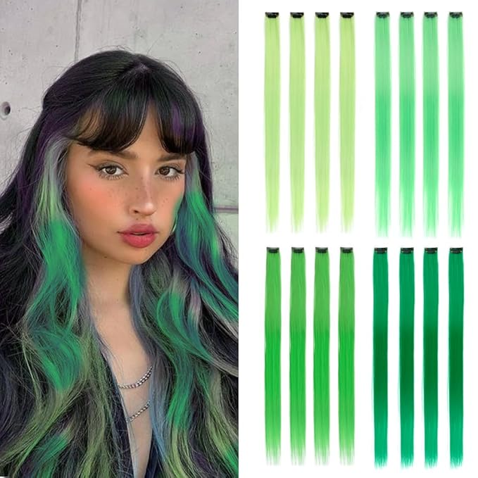 16Pcs Green Colored Clip in Hair Extension Multi-colors Party Highlights Synthetic 20inch Color Hairpiece Halloween Cosplay Party Christmas New Year Gift for Women Kids Girls (Mix Green)