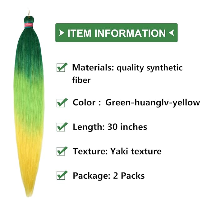 Ombre Green Yellow Pre stretched Braiding Hair 2 Packs Pre feathered Braid Hair Extensions 30 Inches Hair Braids