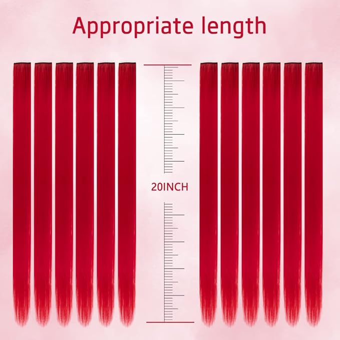 20 Inch Colored Hair Extensions Party Highlights Straight Colorful Clip In Hair Extensions Synthetic Rainbow Hairpieces for Girls Kids Gift(10Pcs Red)