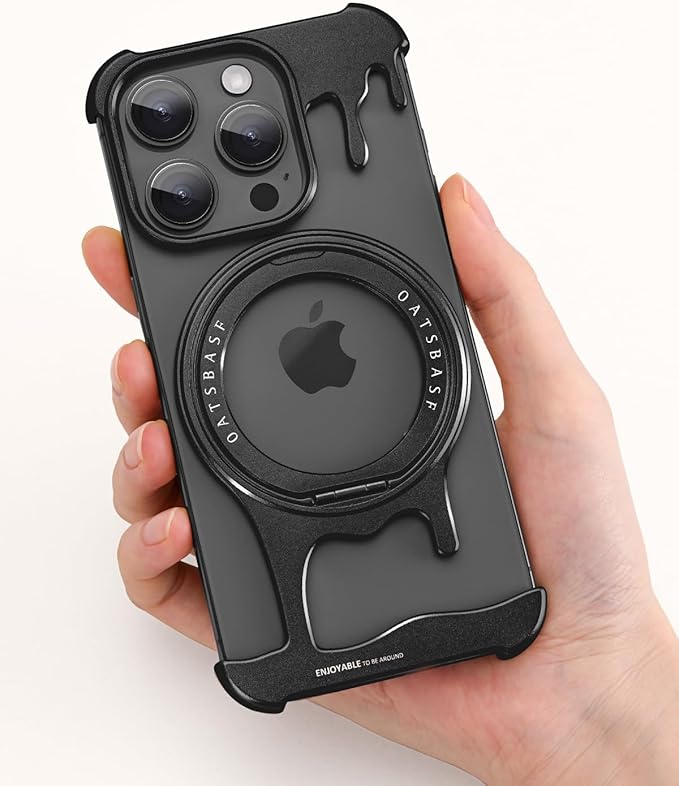 OATSBASF Frameless Bumper Case for iPhone 14 Pro Max Case, Metal Kickstand 360° Rotatable Magnetic Stand, Minimalist Aluminum Bumper Protective, Bezel Less Slim Shockproof + Easy Fit, Black