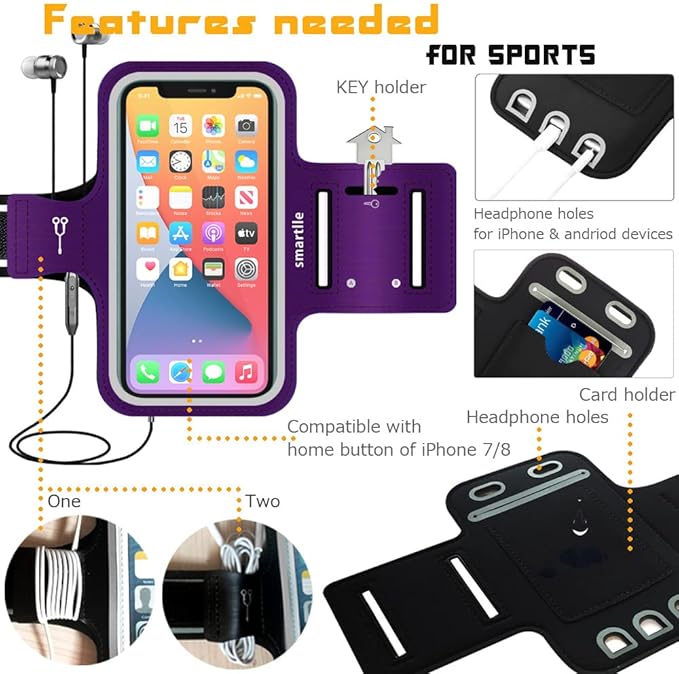 Arm Phone Holder for Running, Armband Cellphone for iPhone 15 14 13 12 11 Pro Max/XR/8 7 6s Plus, Galaxy A/S/Note Up to 6.9’’, for Exercise Gym Fitness Sports Gear-Purple
