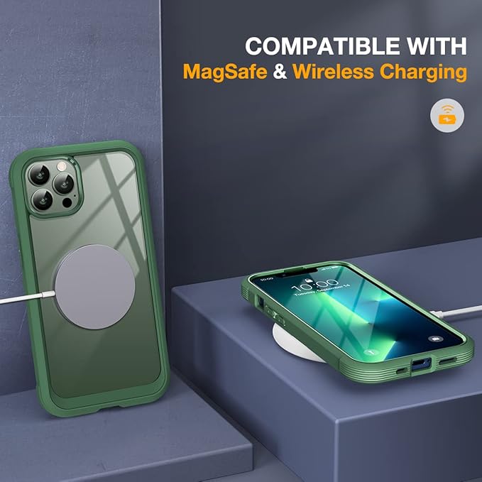 Miracase Glass Case for iPhone 13 Pro Max 6.7 inch, Upgrade Full-Body Clear Bumper Case with Built-in 9H Tempered Glass Screen Protector (Acacia Green)