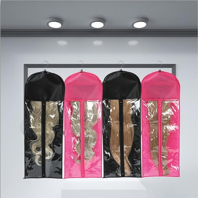 2Pcs Hair Extension Holder, Extra Long Wig Storage Bag with Hanger, Wig Storage for Multiple Wigs Hairpieces, Portable Style Hair Travel Hair Extensions Bag (31.5 Inch, 2Pcs Pink)
