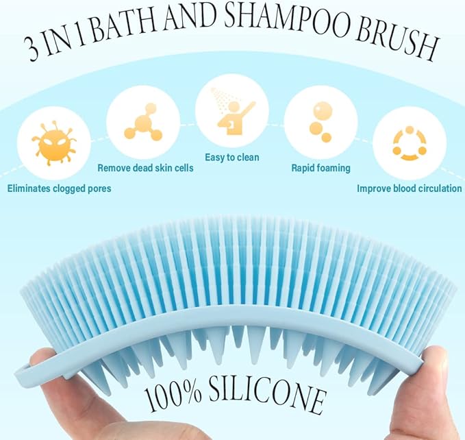 2 in 1 Silicone Body Scrubber Shampoo Brush, Shower Scrubber, Bath Scrubber,Exfoliating Scalp Massager, Loofah Clean Sanitary,Rapid Foaming-3 Pack, Black+blue+pink(new), PQRUU54635