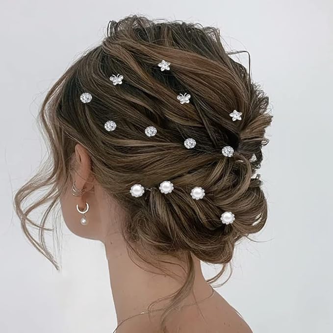 60 PCS 4 Shapes Gems Rhinestone Twister Hair Studs Set Diamond Spiral Pearl Flower Jewels Hair Pins Sticks for Wedding, Bridal, Prom, Party and Special Occasion, Butterfly