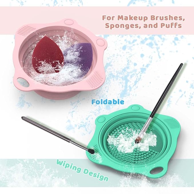 2PC Foldable Silicone Makeup Brush Cleaner Pad Bowls, YalsFTY Portable Mat Scrubber Cleaning Tool for Makeup Brushes (Pink and Green)