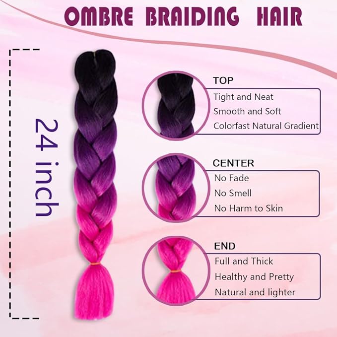 Ombre Braiding hair synthetic Crochet braids twist 24inch 5pcs/lot 100g Ombre two three tone Jumbo braid hair extensions Dreadlocks (black-purple-rose)