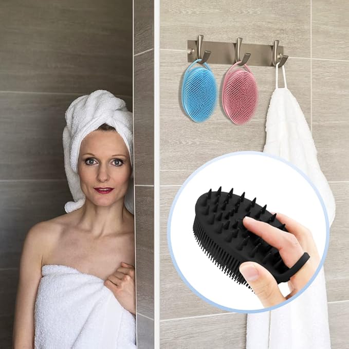 2 in 1 Silicone Body Scrubber Shampoo Brush, Shower Scrubber, Bath Scrubber,Exfoliating Scalp Massager, Loofah Clean Sanitary,Rapid Foaming-3 Pack, Black+blue+pink(new), PQRUU54635