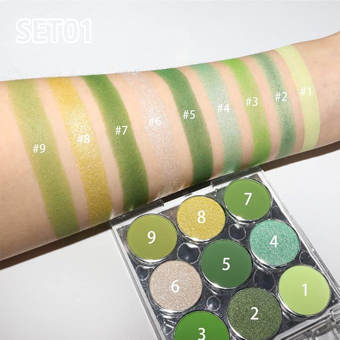 9-Color Shimmer & Matte Green Eyeshadow Palette – Highly Pigmented Light & Dark Green Shades, Blendable Shiny & Matt Makeup Powder