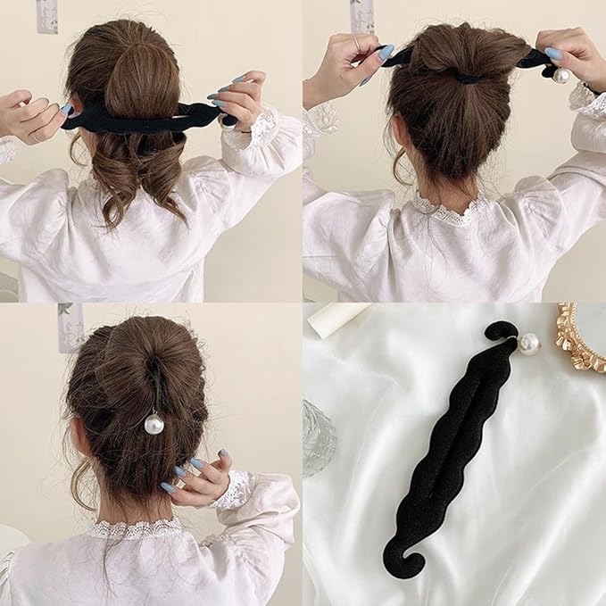 6Pcs Pearl Hair Bun Makers Lazy Curler Clips Magic Hair Styler Black Sponge French Deft Maker Flexible Chignon Donut Quick Twister Hair Styling Accessories for Women Girls
