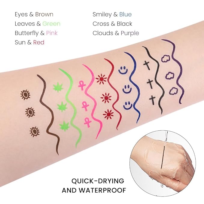 7Pcs Colored Liquid Eyeliners with Face Stamps – Black Brown Purple Blue Red Pink Green Star Flower Heart Moon Triangle Stamps for Cosplay & Gothic Makeup – Beginner-Friendly (multicolor-7Pcs-set02)