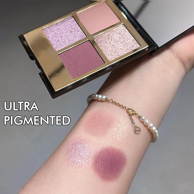 Eyeshadow Quad Makeup Palette – 4 Shades of Nude, Pink, Purple, Champagne Gold Tones, Blendable Matte & Shimmer, Long-Lasting Waterproof, Perfect for Mature & Young Women, with Built-In Mirror 03#