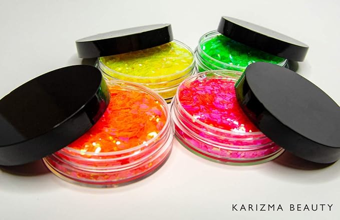 KARIZMA Neon Nights! 4x 10g Chunky Face, Hair, Eye & Body Glitter Set - Neon Yellow, Pink, Orange, Green - Festival, Rave & Event Glitter