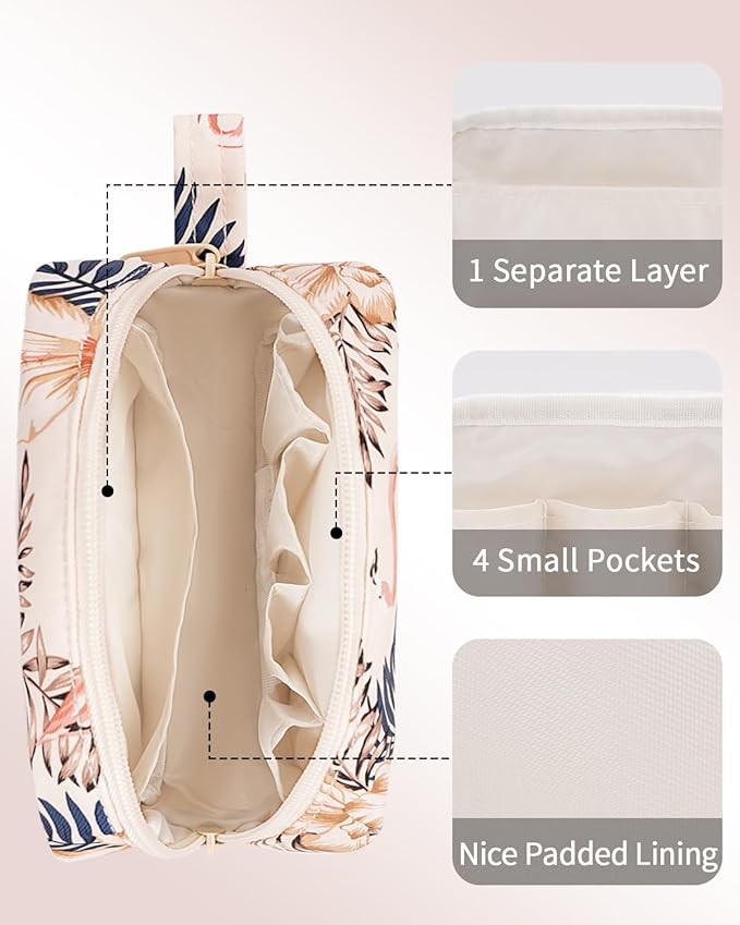 Narwey Small Makeup Bag for Purse Travel Makeup Pouch Mini Cosmetic Bag Zipper Pouch for Women (Beige Flamingo, Small)