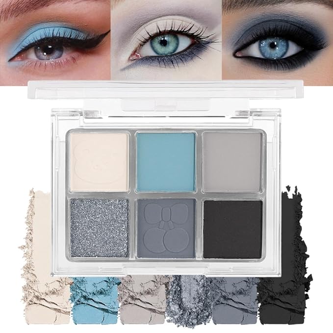 6 Colors Glitter Matte Eyeshadow Palette, Light White Sky Blue Gray Silver Black Sparkly Eyeshadow Palette Makeup, Warm Eye Shadows Palette Long Lasting Naturing-Looking Women Girls Eye Shadow 03