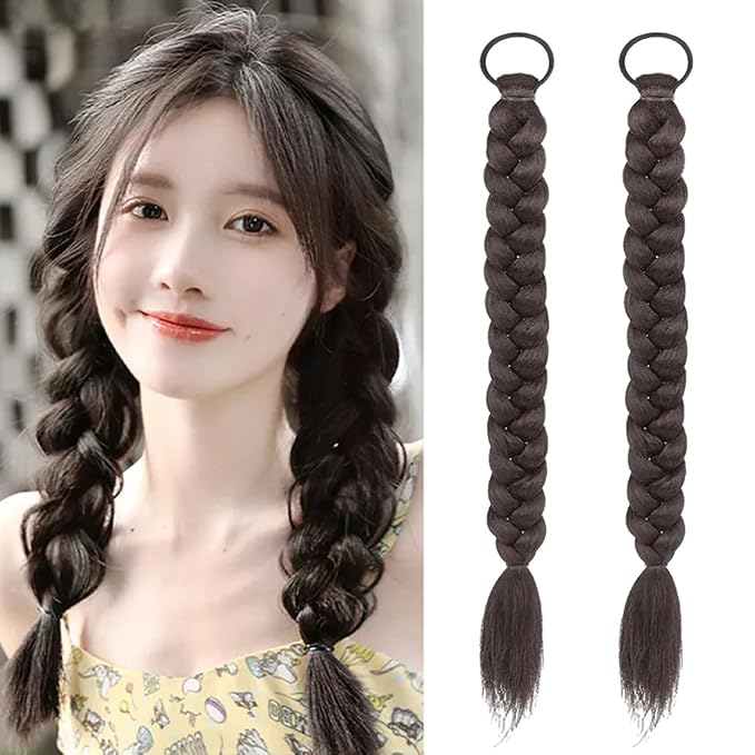 2Pcs Braided Ponytail Extensions with Hair Ties Soft Synthetic Hair Pieces Straight Wrap Around Hair Extensions Pony Tail Hairpieces Accessories for Women Daily Wear 16 Inch (Brownish Black)