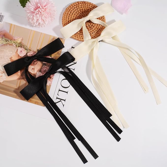 4 PCS Tassel Ribbon Bowknot Hair Clips With Long Tail for Women Girl Teens Kids, Solid Holder Fashion Bow Bowknot Hair Accessories Headwear Barrettes Claw(Black&Beige)