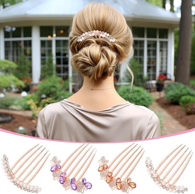 4 Pcs Pearl Rhinestones Hair Accessories, Pearl Hair Side Combs Clip Crystal Rhinestone Hair Combs for Women and Girls, Decorative Combs for Wedding Party Daily (Rose Gold)