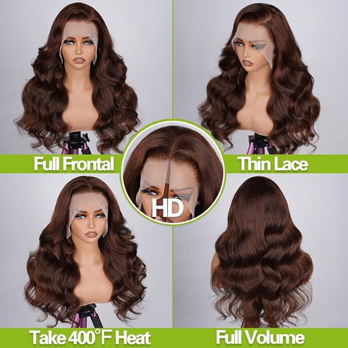 28 Inch Body Wave Lace Front Wigs Human Hair Chocolate Brown 13x4 HD Lace Frontal Wigs Human Hair Pre Plucked with Natural Hairline 200 Density Body Wave Frontal for Women Dark Brown Color