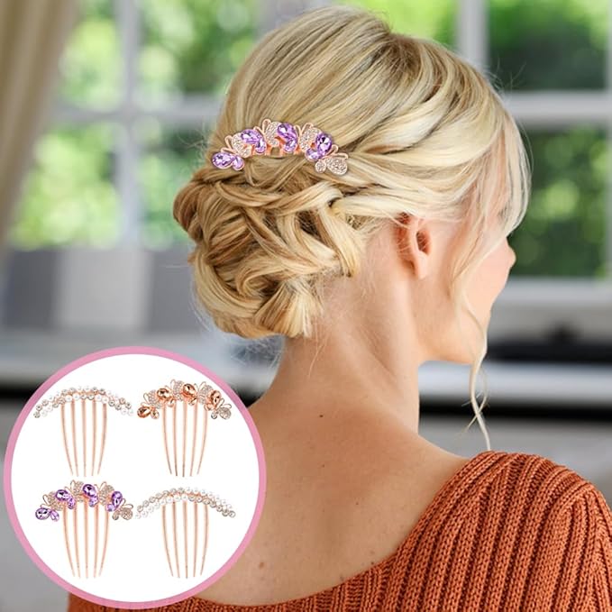 4 Pcs Pearl Rhinestones Hair Accessories, Pearl Hair Side Combs Clip Crystal Rhinestone Hair Combs for Women and Girls, Decorative Combs for Wedding Party Daily (Rose Gold)