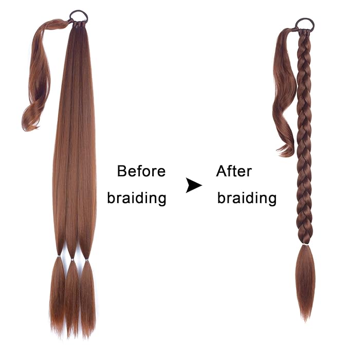 34inch Long Braided Ponytail Extension with Hair Tie Brown Straight Wrap Around Hair Braid Extensions for Women Synthetic High Temperature Fluffy Natural Soft Hair Piece for Women (6#)