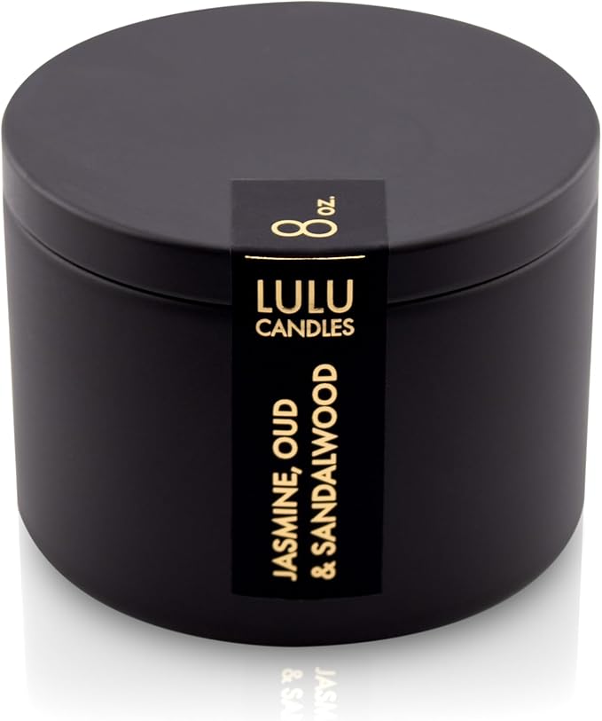 Lulu Candles | Jasmine, Oud & Sandalwood Scented Candle | Smells Woodsy & Floral | Luxury Scented Soy Tin Candle | Hand Poured in The USA | Highly Scented & Long Lasting (8 Oz. Tin)