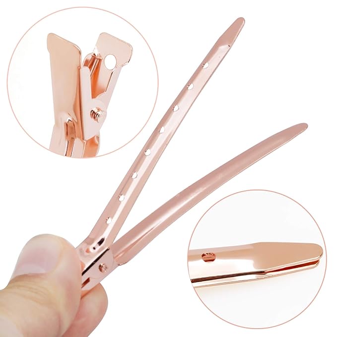 24 Packs Duck Bill Clips, Bantoye 3.35 Inches Rustproof Metal Alligator Curl Clips with Holes for Hair Styling, Hair Coloring, Rose Gold