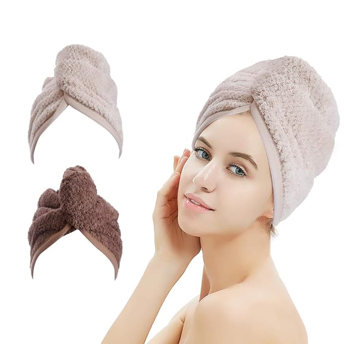2 Pack Hair Drying Towels,Hair Wrap Towels,Absorbent Microfiber Hair Towel Turban with Button Design to Dry Hair More Quicker(Khaki&Coffee)