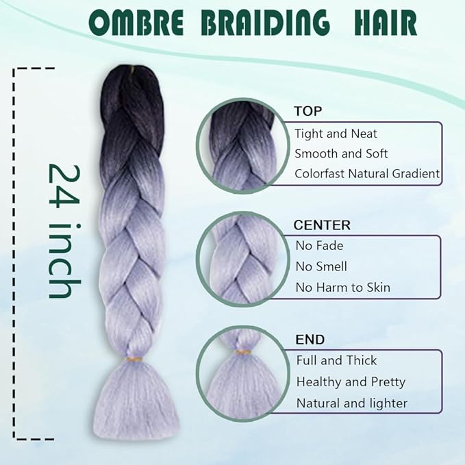 Ombre Braiding hair synthetic Crochet braids twist 24inch 5pcs/lot 100g Ombre two three tone Jumbo braid hair extensions Dreadlocks (black-Silver gray)