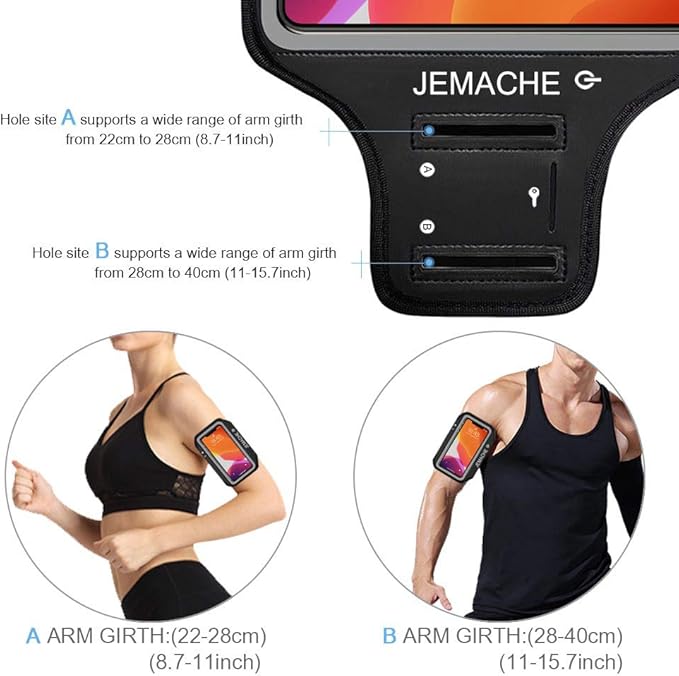 iPhone 16 15 14 Armband with Earphone Holder, JEMACHE Water Resistant Gym Running Workouts Arm Band for iPhone 16e 16 15 14 13 12 11 Pro (Black)