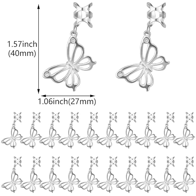 20 Pcs Butterfly Hair Braids Dreadlock Clips, Hollow Metals Cuffs Clip Hair Accessories Styling Fashion Toos for Women Men (Sliver)